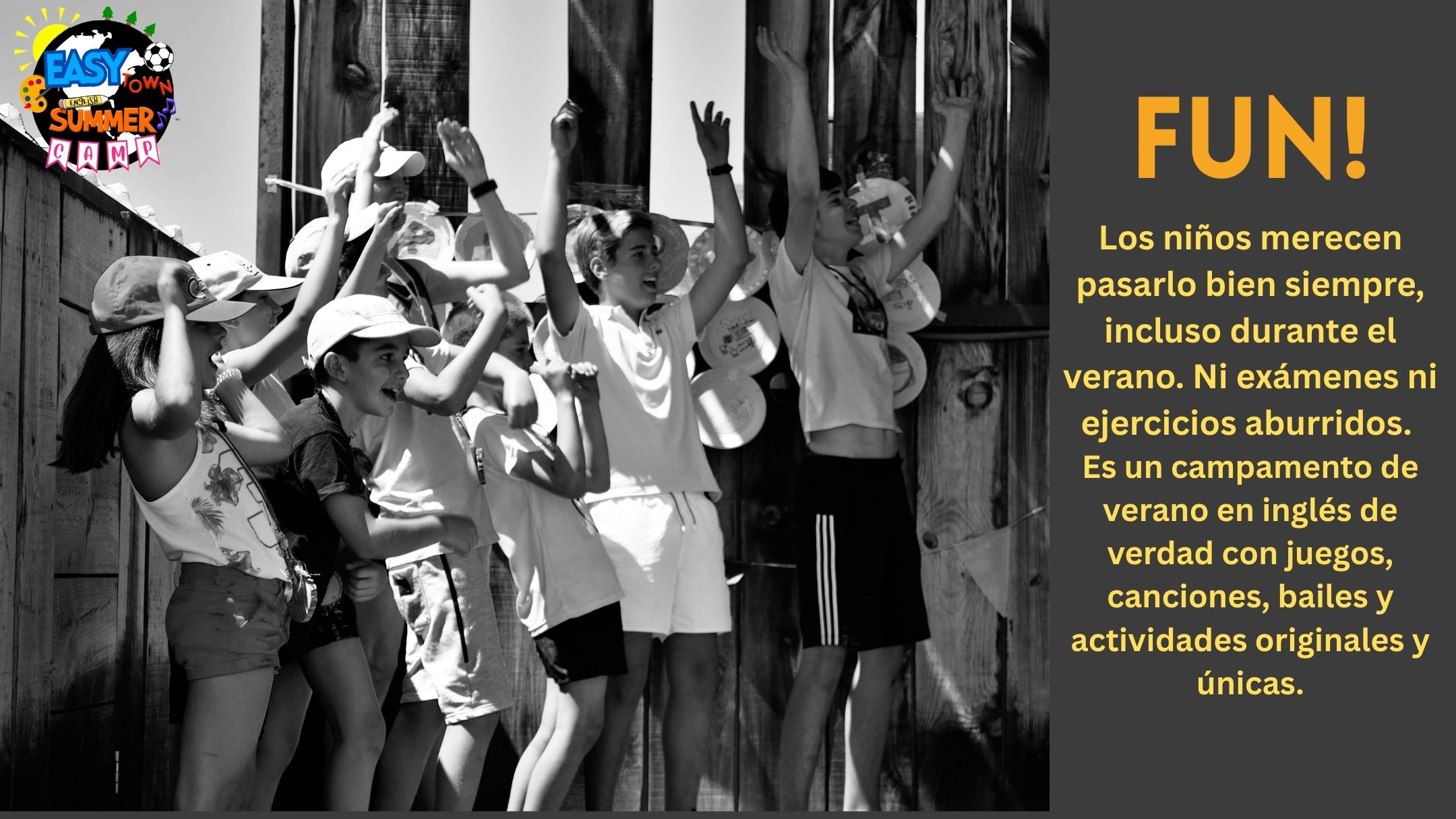Niños celebrando y divirtiéndose en actividades al aire libre en Easytown Summer Camp con texto “FUN!”